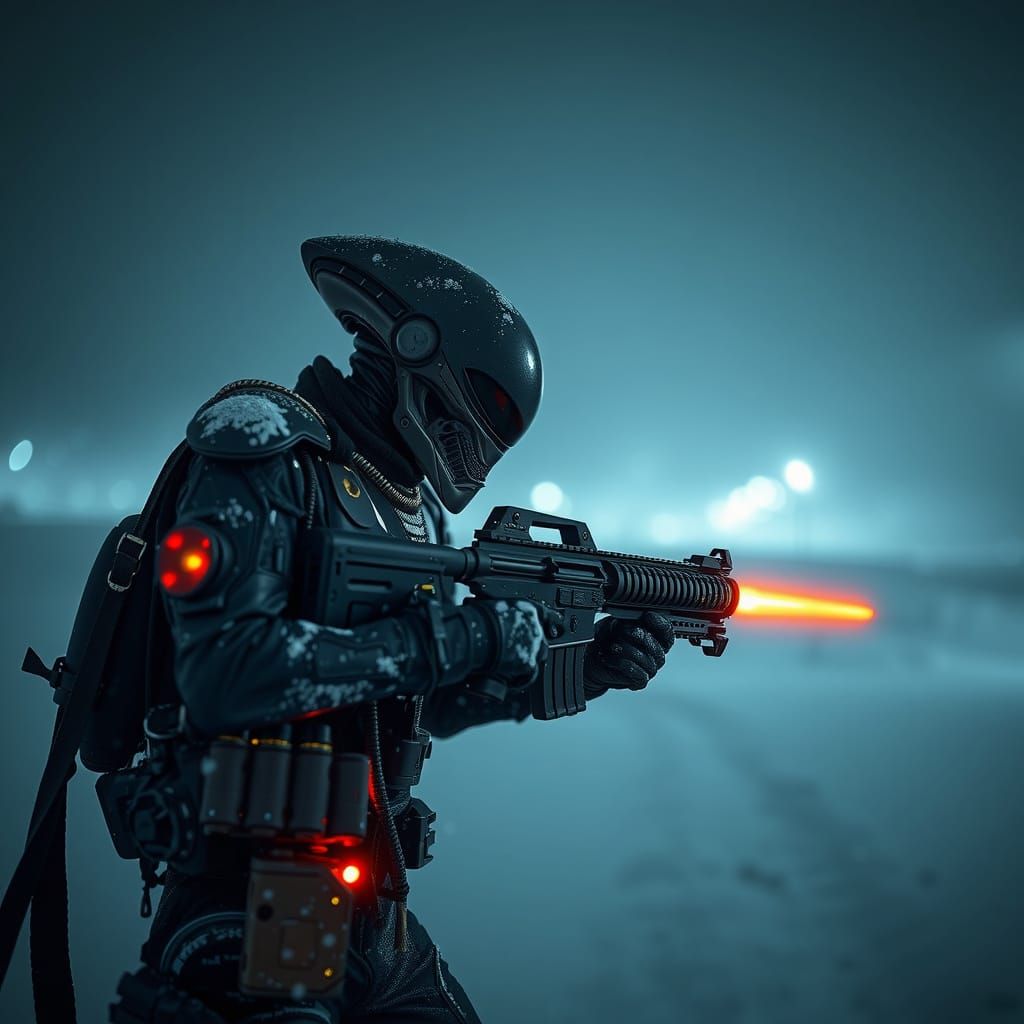 Alien Soldier in Snowstorm with Laser Machinegun