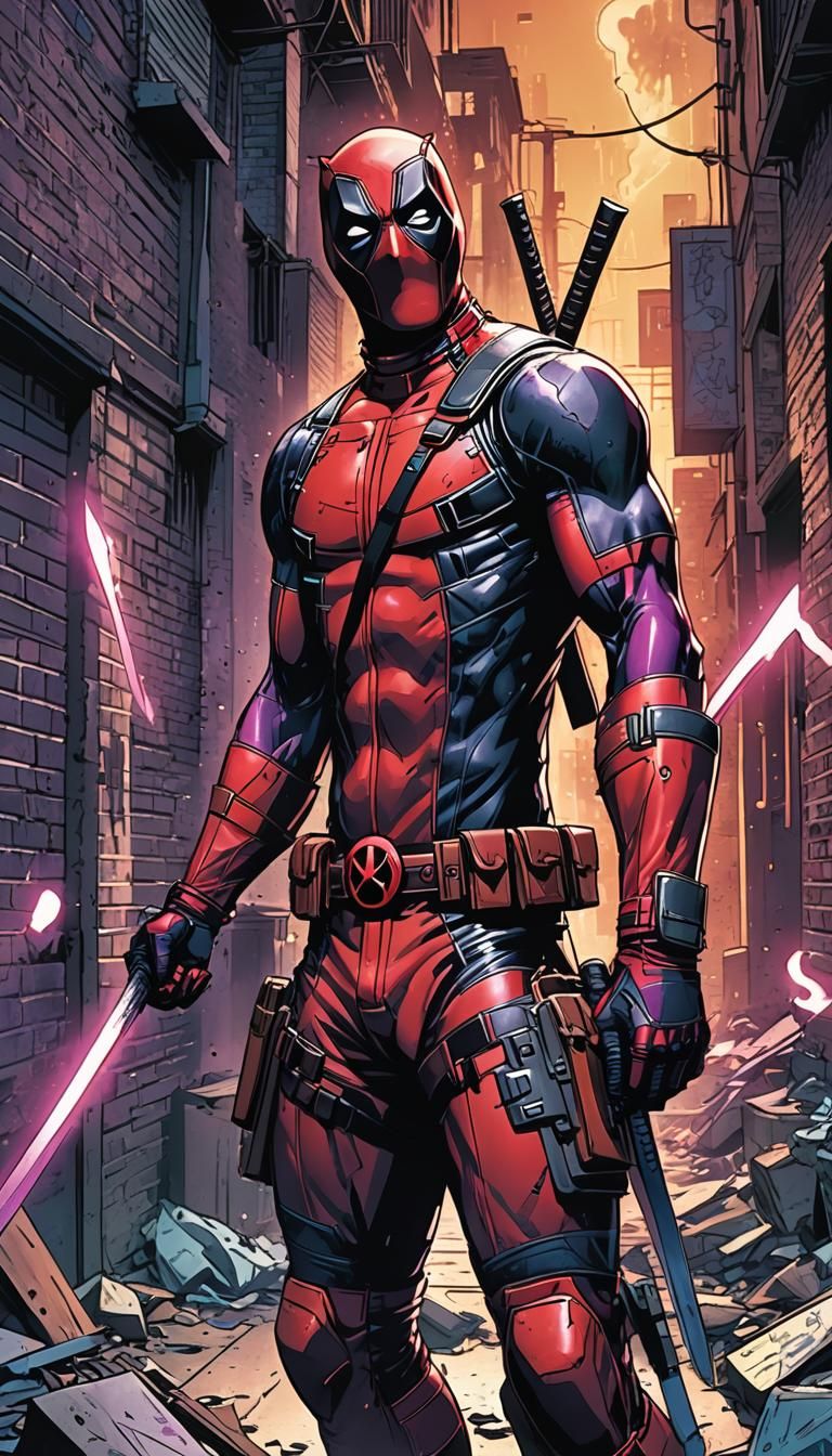 Deadpool Wields Katanas in Comic Book Art Style