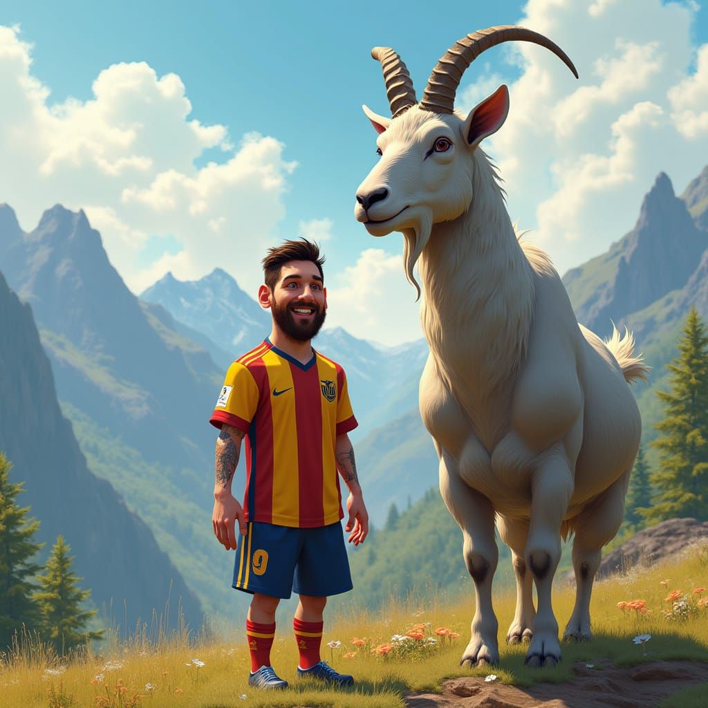 Lionel Messi and Goat in Mountain Landscape