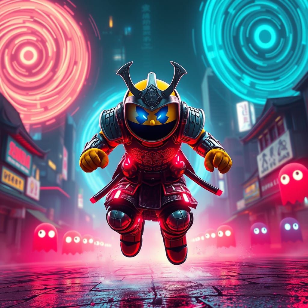 Cyberpunk Samurai Pacman in Neon-Lit Exosuit Charges Through...