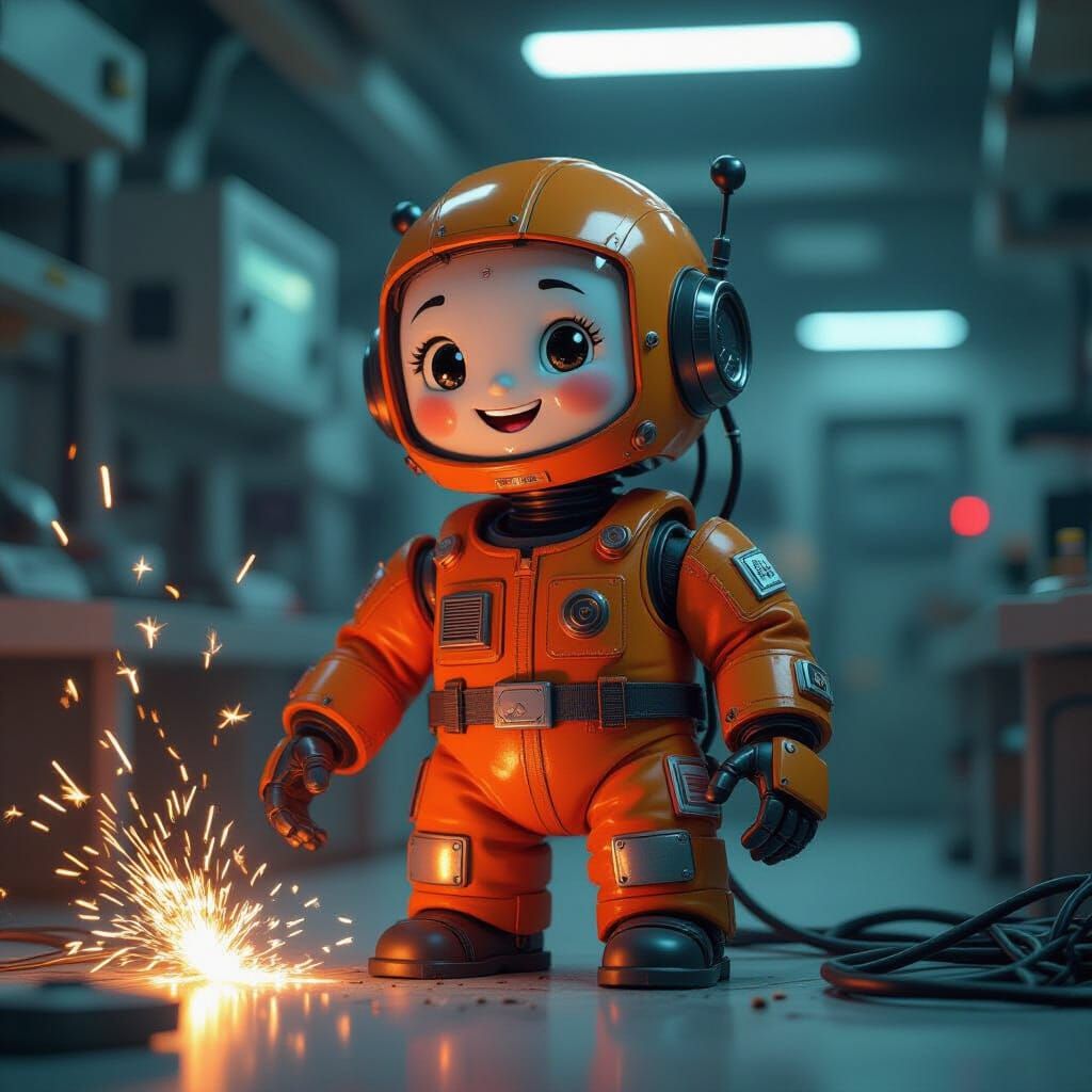 Friendly Gear-Shaped Robot Assistant in Futuristic Lab