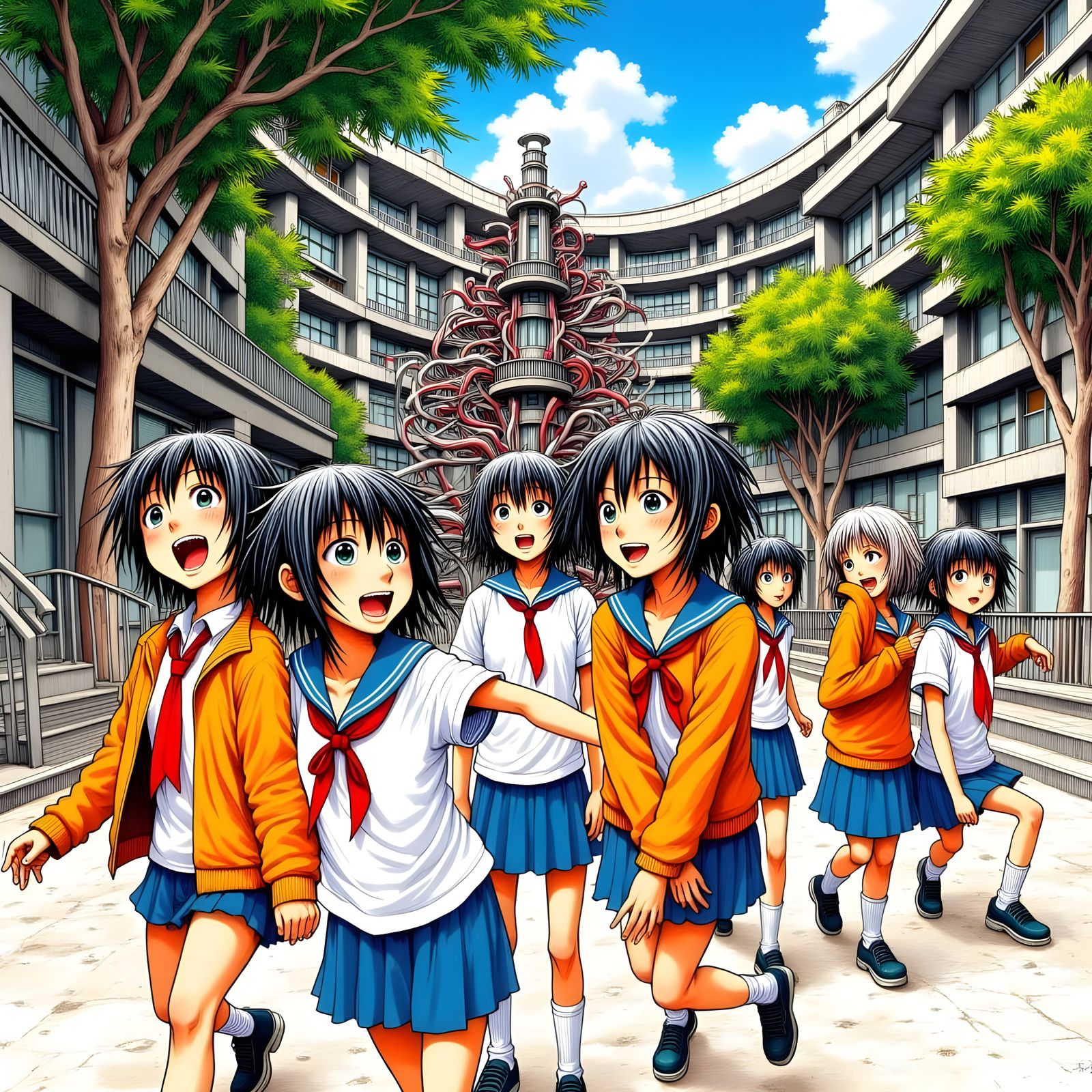 Disturbing School Children Playing in Junji Ito Style
