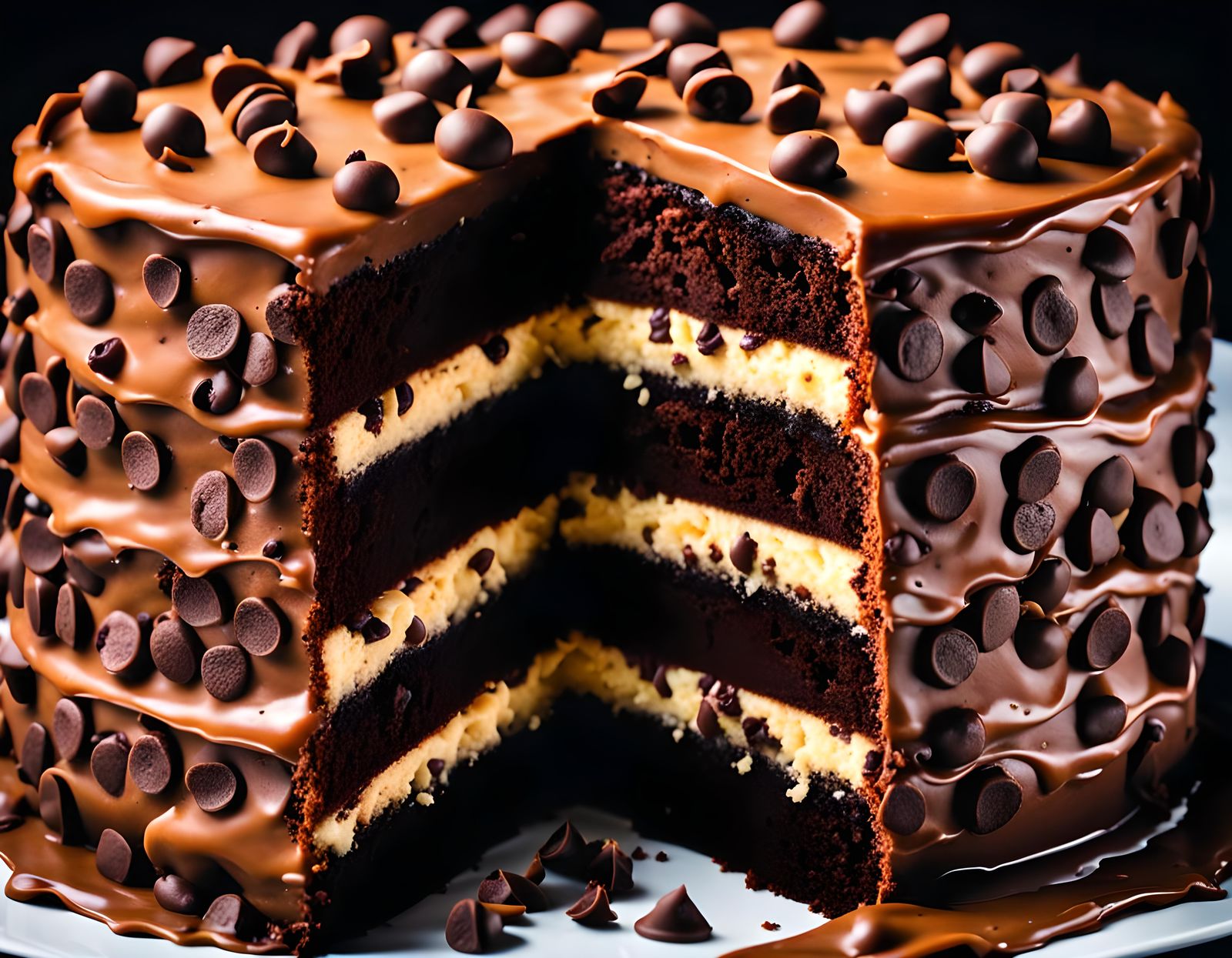 Hyperrealistic Chocolate Chip Layer Cake Close-up