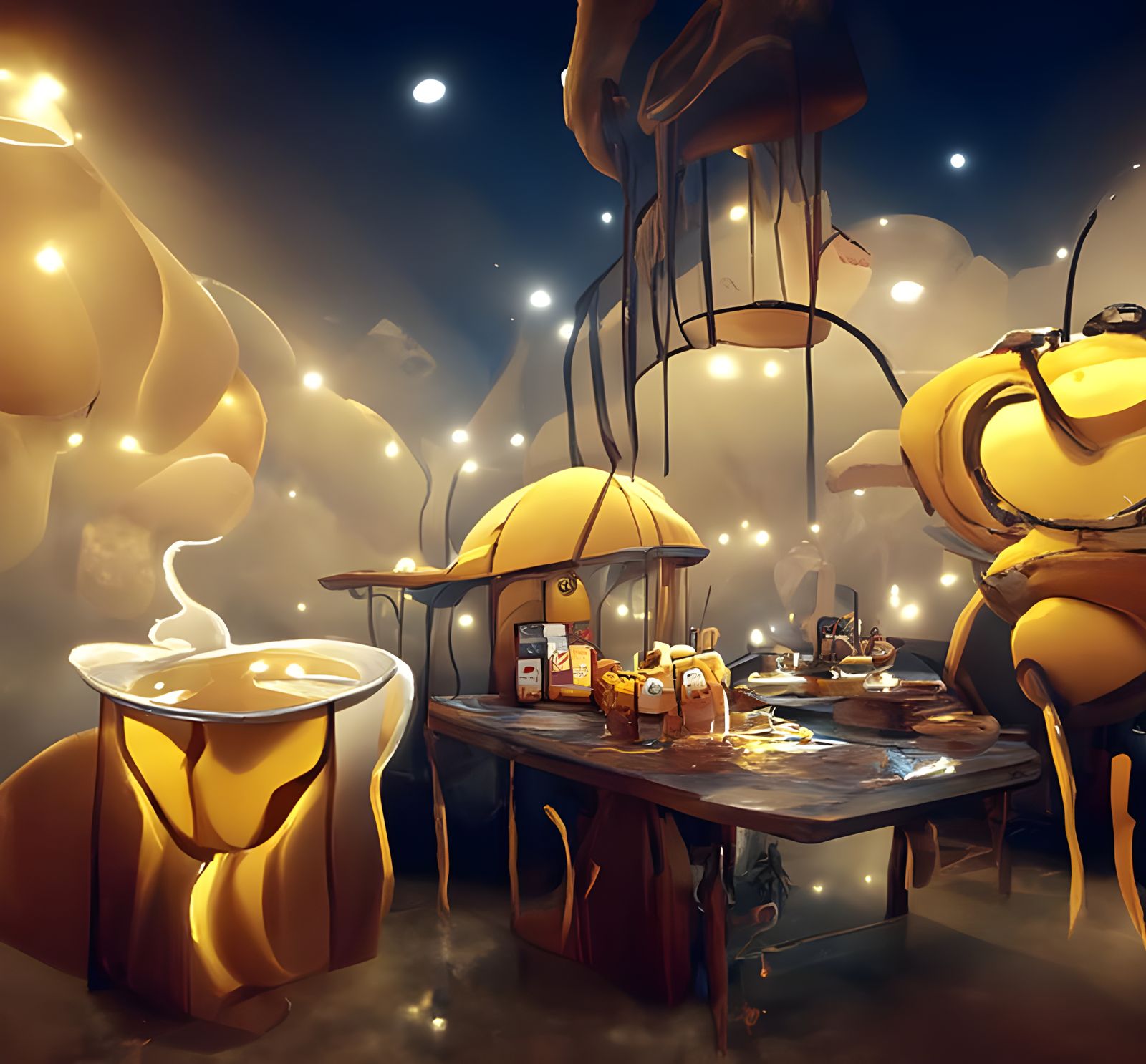 Honeybee Cafe at Night in Digital Art Style