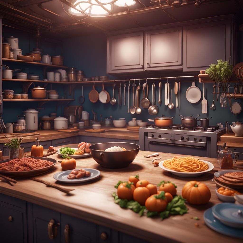 Anime Kitchen Food: Detailed Matte Painting