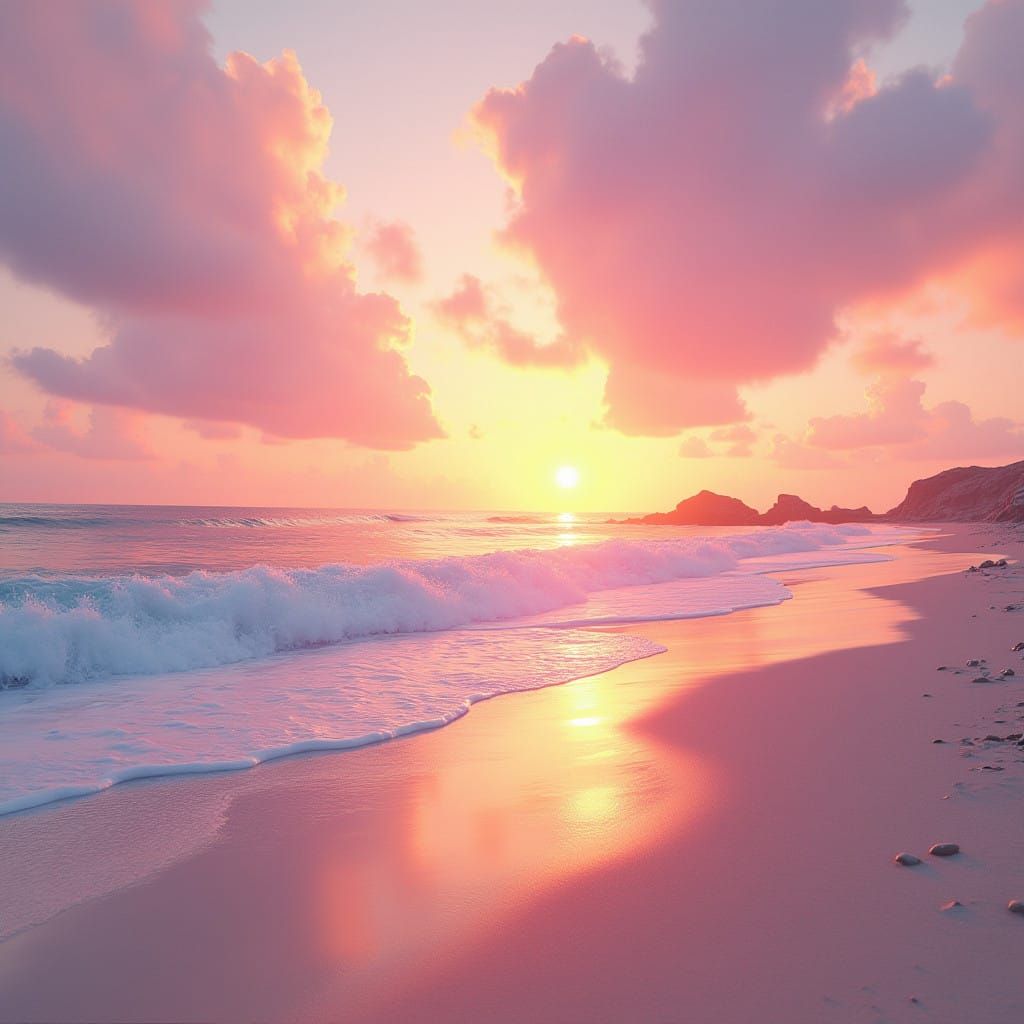 Surreal Sunset Beach Scene in Vibrant Hyperrealism