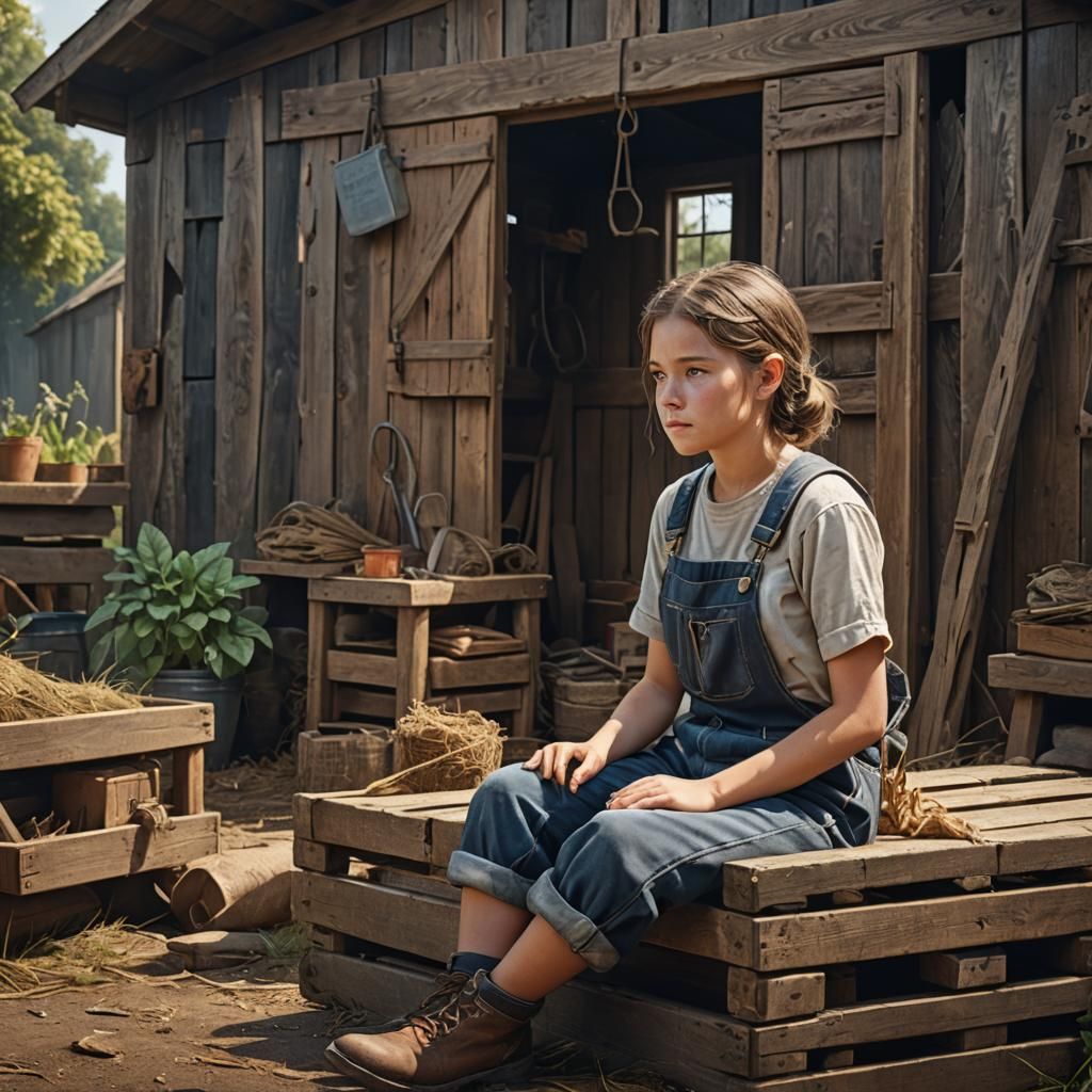 Girl in Overalls in Shed: Fantasy Concept Art