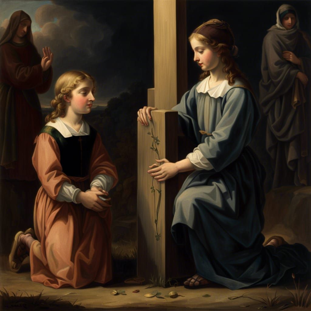 Girls Kneeling in Prayer Before the Cross