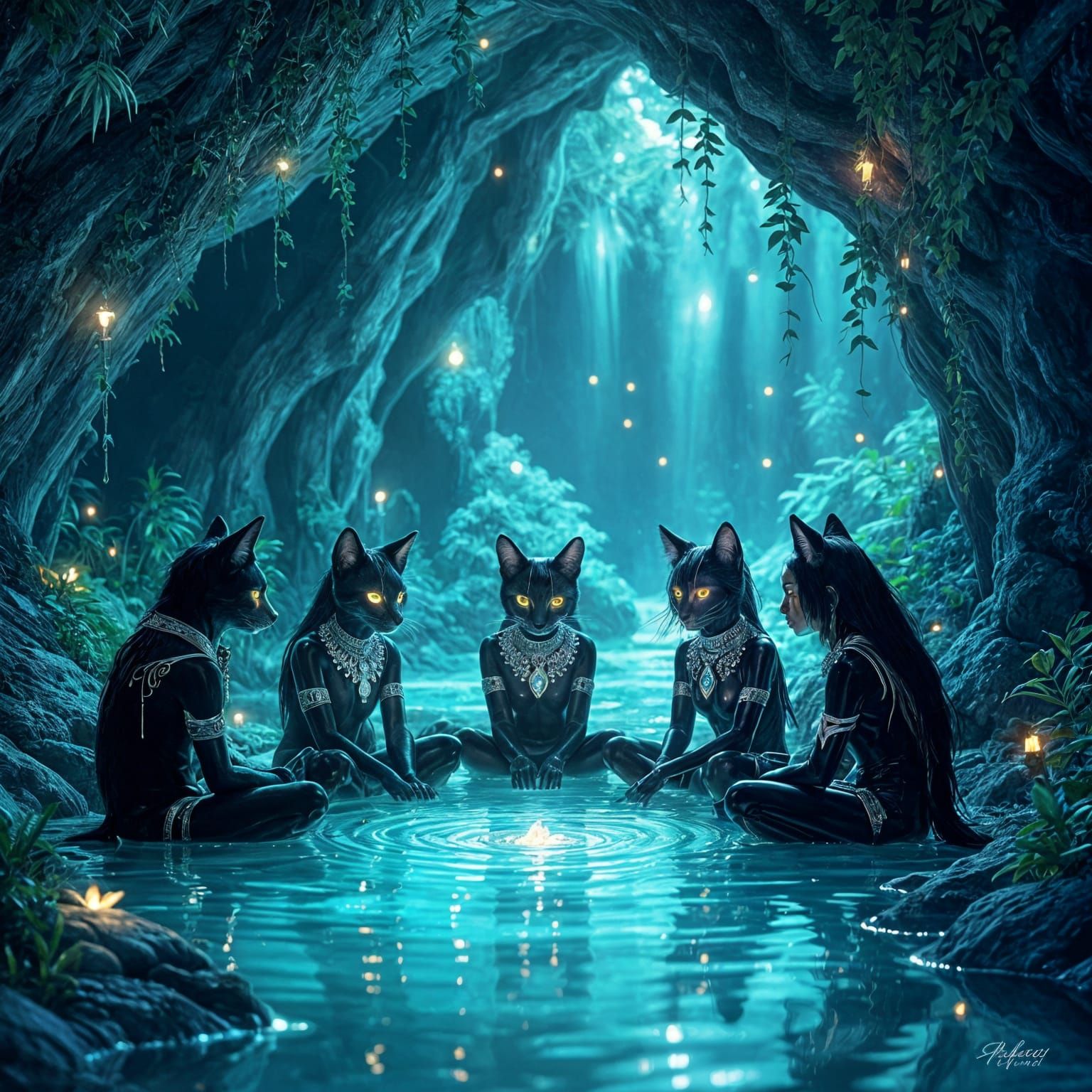 Bioluminescent Grotto with Feline Humanoids in Psychedelic A...