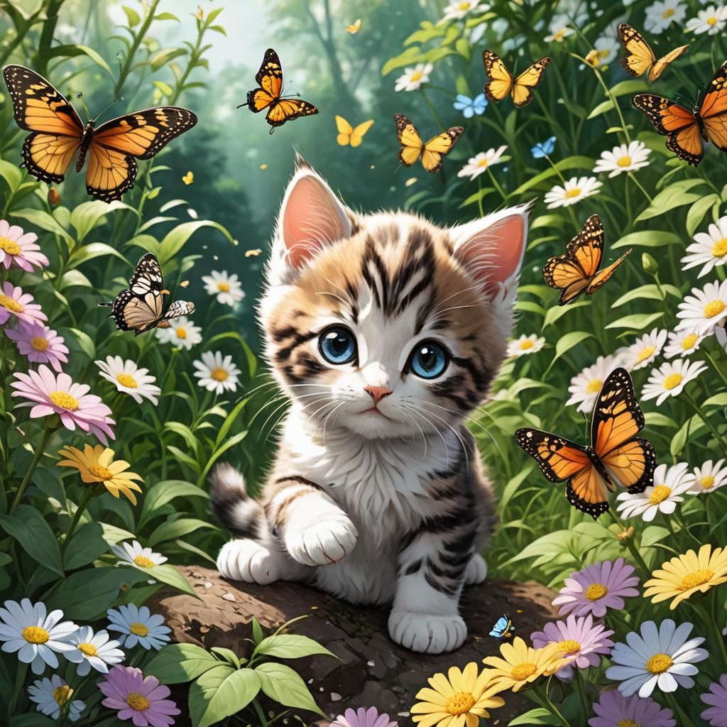 Cute Kitten Hunts Butterflies in Anime Style