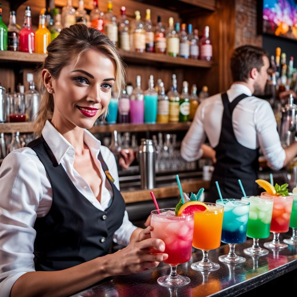 Female Bartender Serving Colorful Drinks in Busy Bar