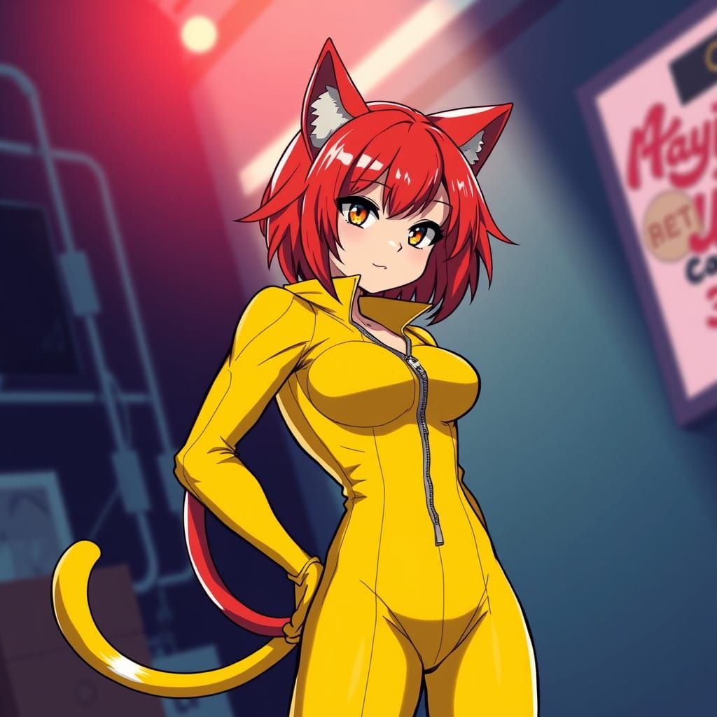 Manga-Inspired Redhead Catgirl in Vibrant Yellow Catsuit