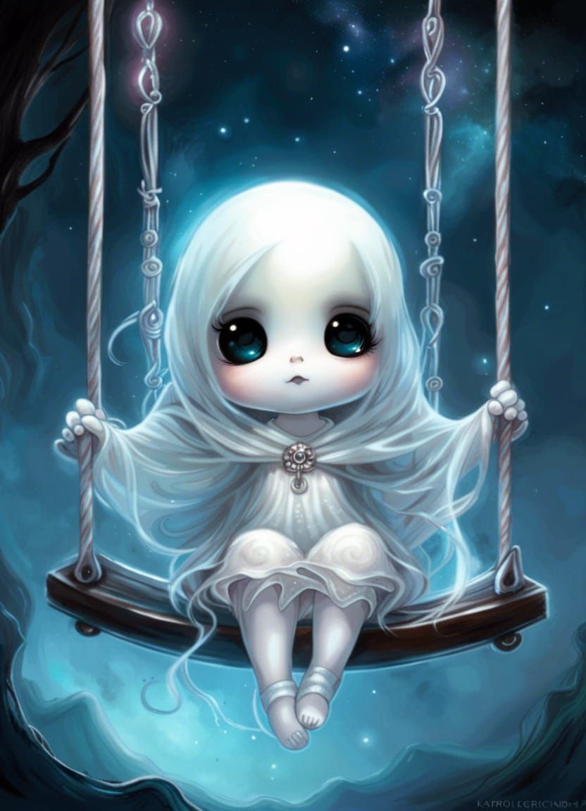 Adorable Chibi Ghost on a Swing, Digital Art