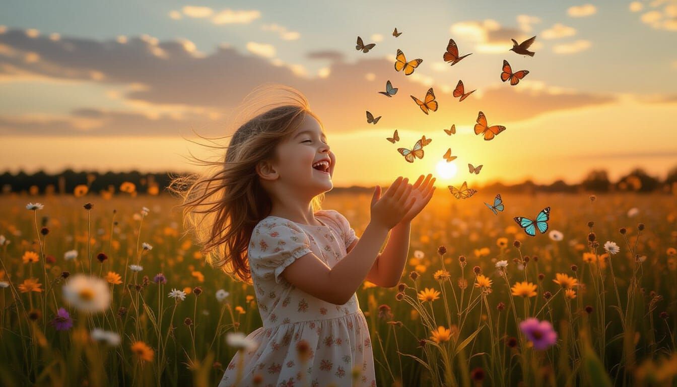 Surreal Sculpture: Child in Wildflower Field at Sunset