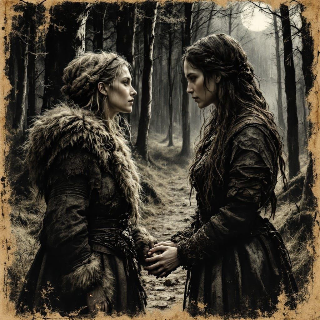 Charcoal Sketch: Nordic and Highland Women's Forest Encounte...