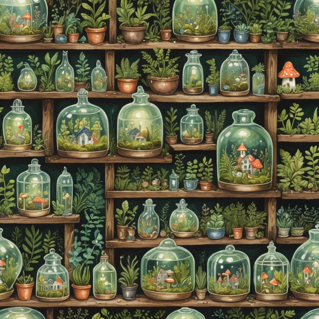 Glowing Mushroom Terrariums in Folk-Art Gouache Style