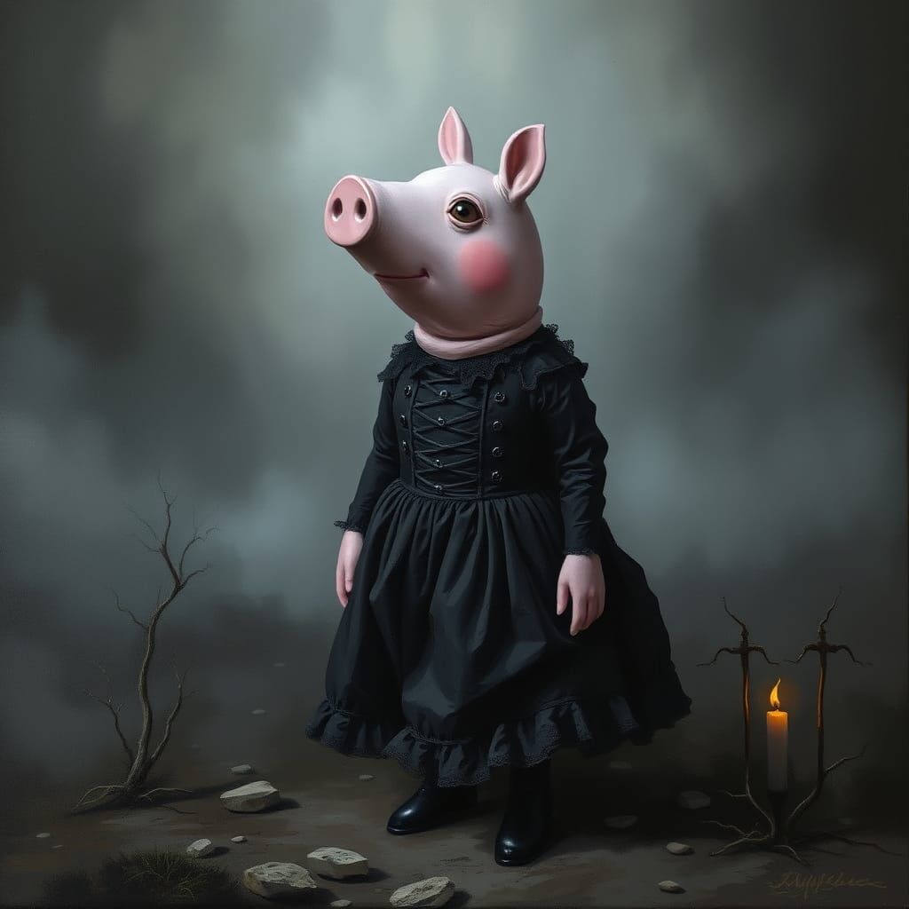 Gothic Peppa Pig in Mist-Shrouded Landscape