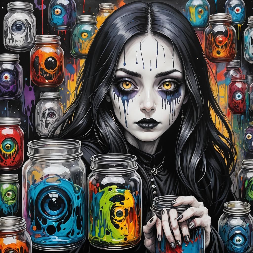 Gothic Witch with Jar of Eyes in Junji Ito Style