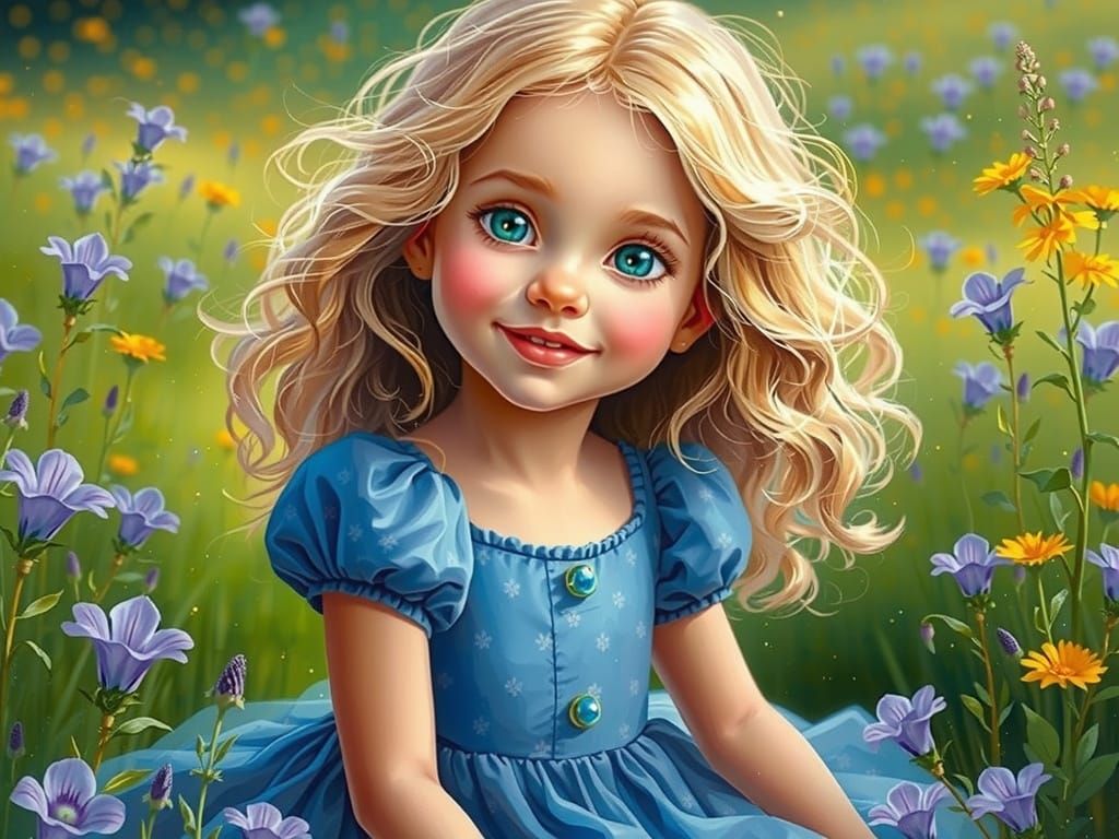 Bellflower Girl in Meadow, Watercolor Style