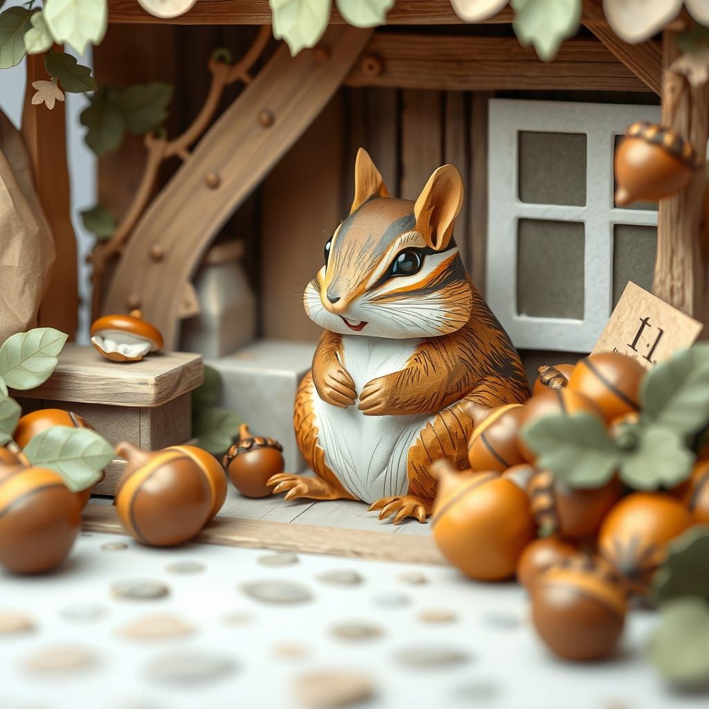 Chipmunk's Acorn Stand in Origami Papercraft Style