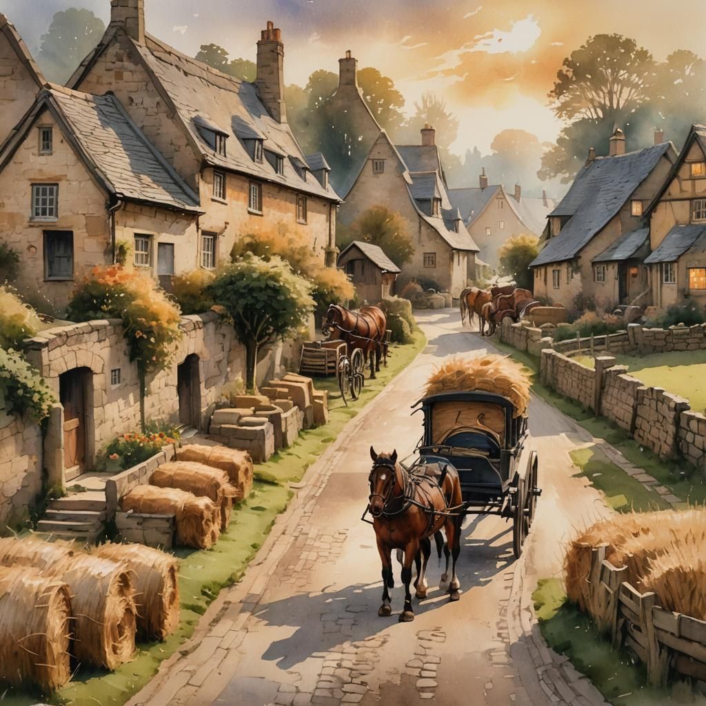 Charming English Village Street in Watercolor Style