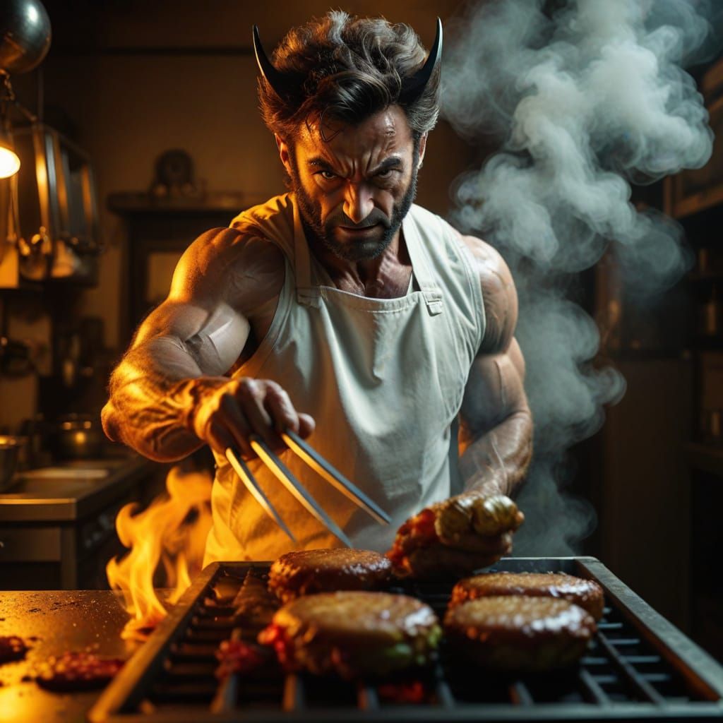 Photorealistic vivid Portrait:  Wolverine from Marvel worked as a line cook using his metal claws flipping and turning b...