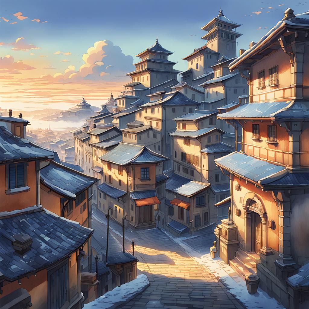 Italian Town Sunset in Winter, Anime Concept Art