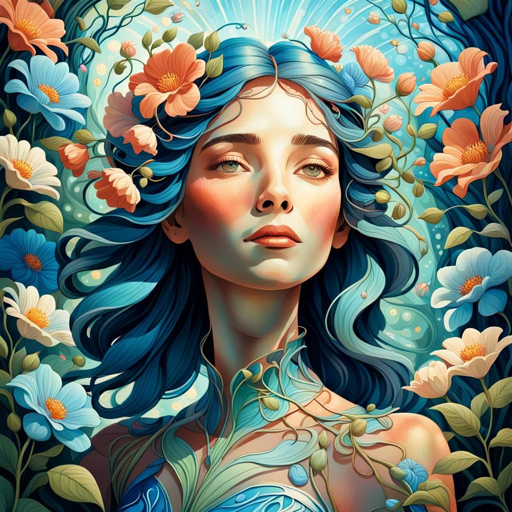Botanical Portrait: Woman in Surreal Art Nouveau Garden