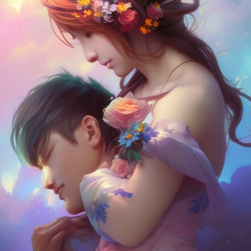 Cute Anime Couple Portrait with Flowers