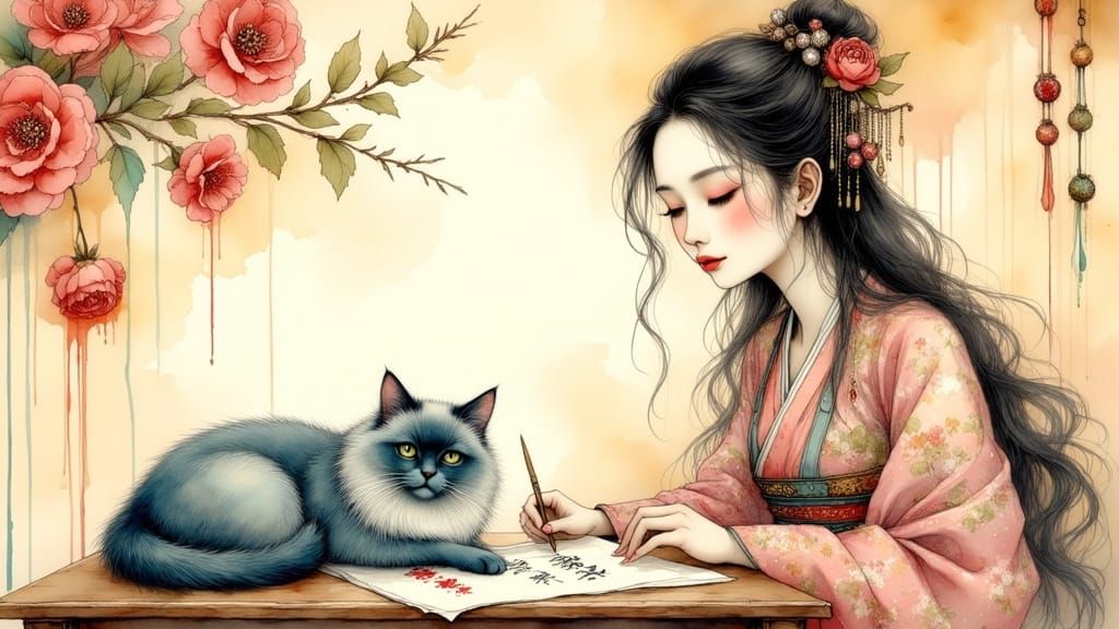 Elegant Asian Beauty Creates Art in Serene Garden Setting