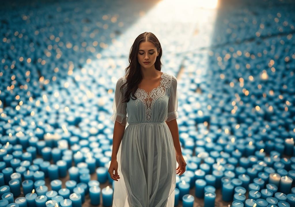 Woman Walking Among Blue Candles in Natural Light