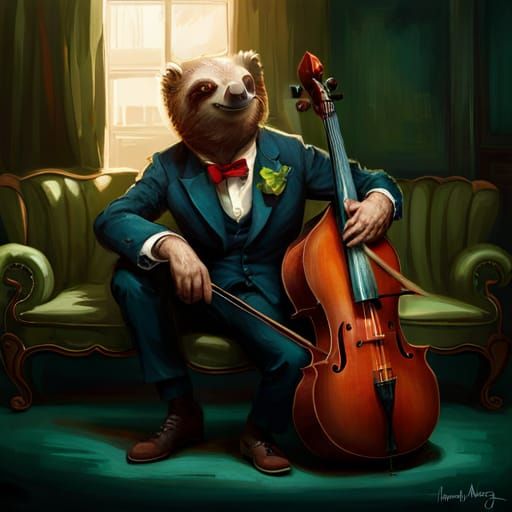 Sloth Rocker Plays Cello: Detailed Fantasy Art