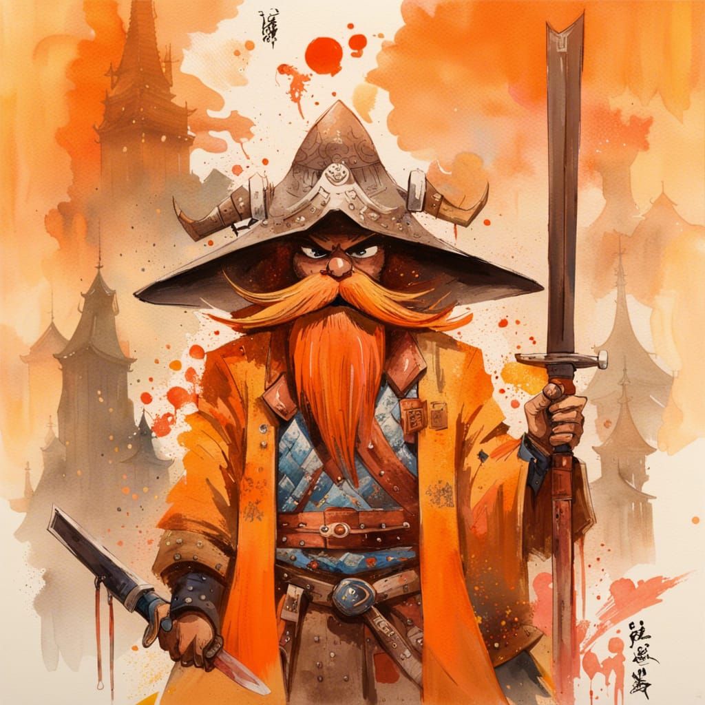 Yosemite Sam as Samurai in Watercolor Calligraphy