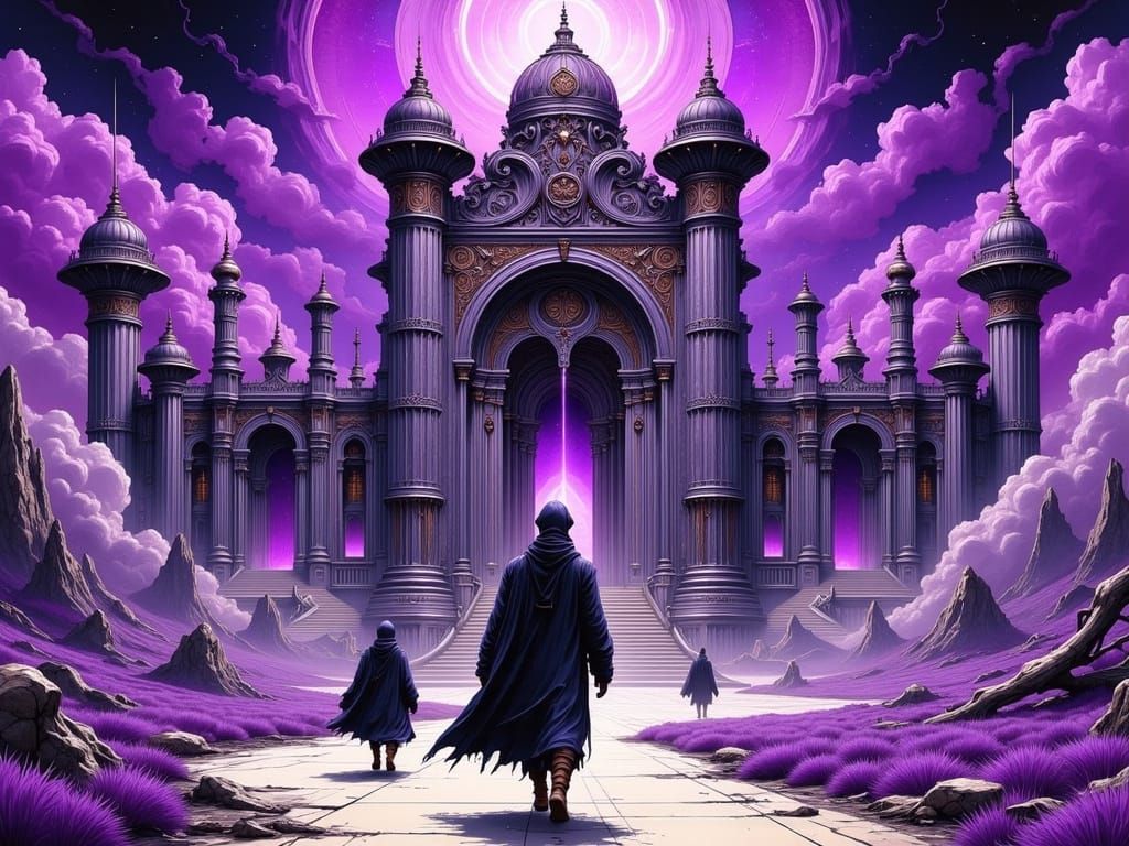 Alien Baroque Palace Approaches Under Purple Sky