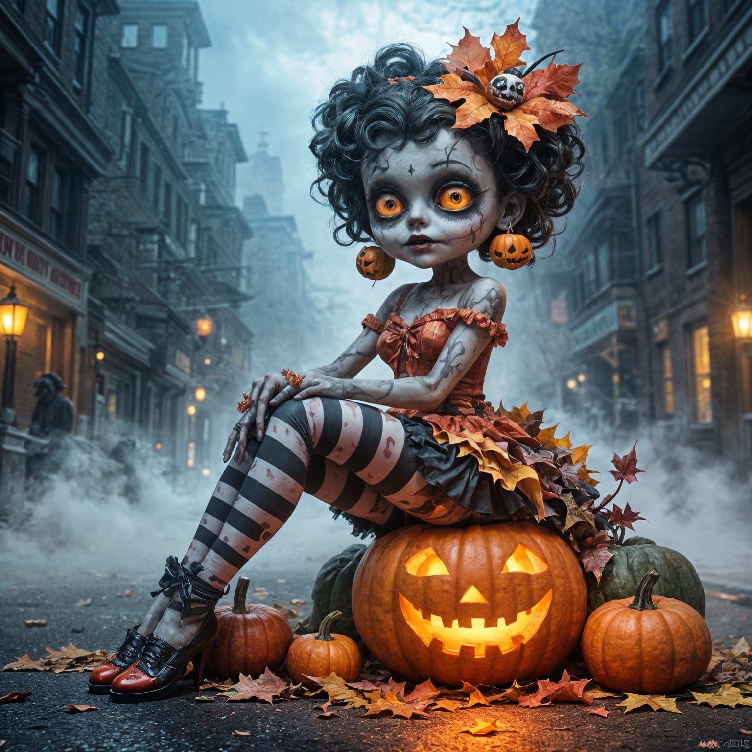 Hyper-Realistic Betty Boop Zombie on Foggy Street