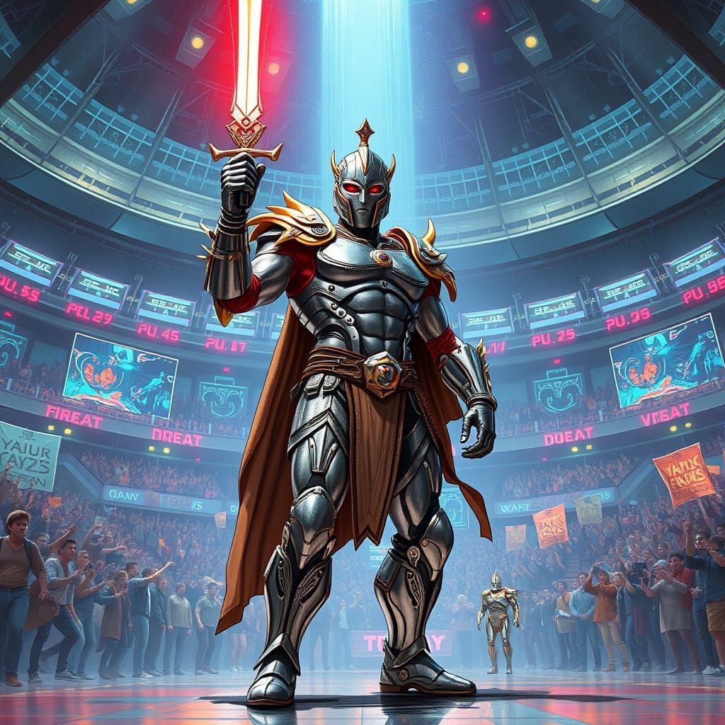 Cyborg Gladiator Triumphs in Neon-Lit Futuristic Arena