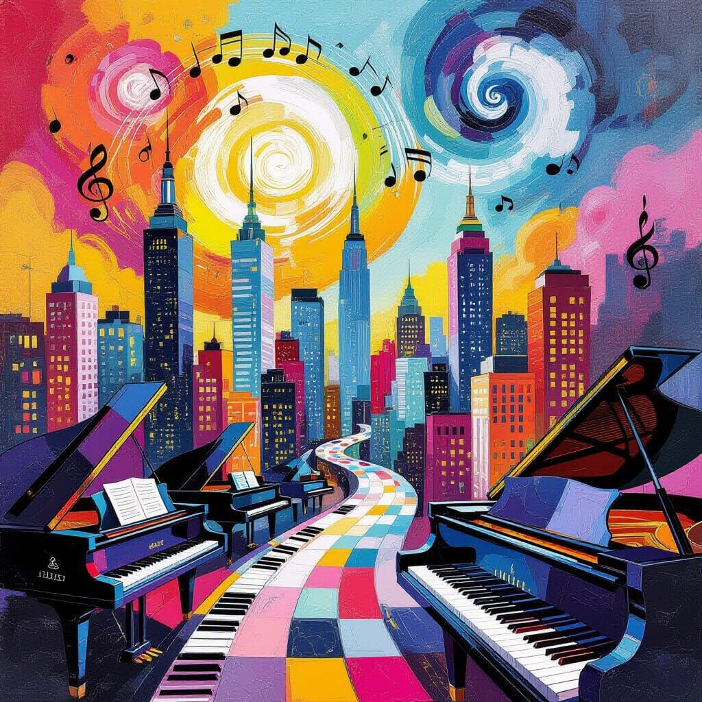 Abstract Musical Cityscape with Vibrant Colors