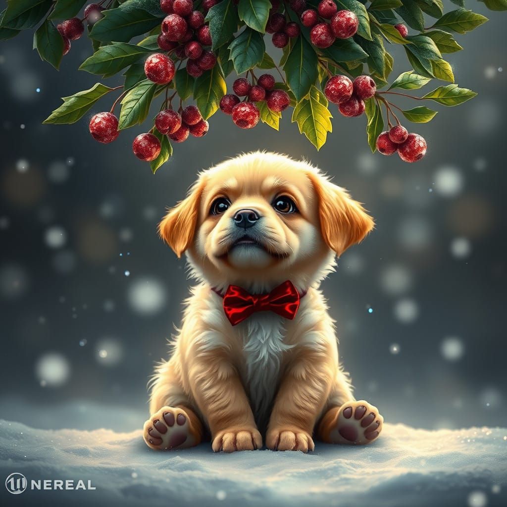 Sorrowful Puppy Under Vibrant Mistletoe in Whimsical Fantasy...