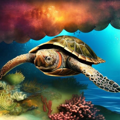 Steampunk Submarine and Turtle in Hyperreal Coral Reef