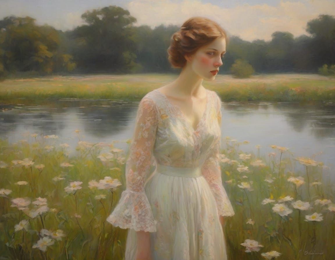 Woman in Flower Field: A Waterhouse-Inspired Oil Painting