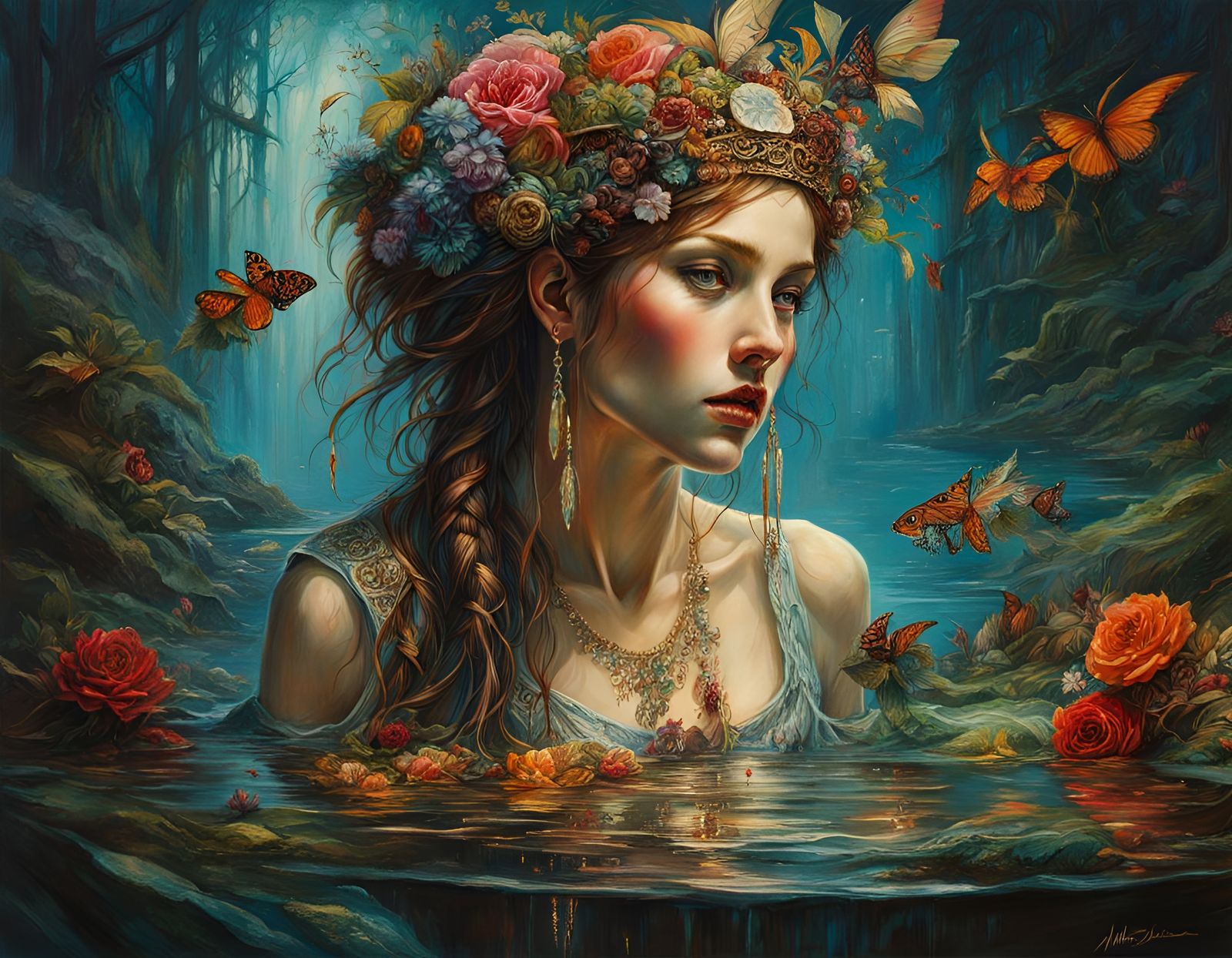 Bizarre Eerie Scene with Sparkling Water, Oil on Canvas