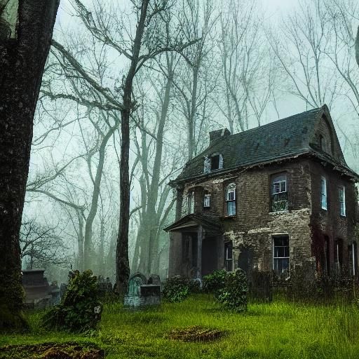 Eerie Abandoned House with Graveyard in Mist