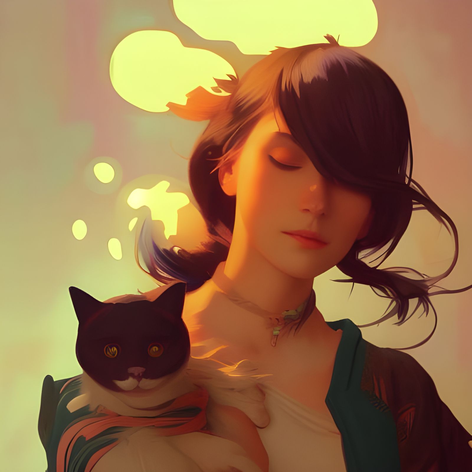 Lofi Girl and Cat in Hyperdetailed Night Scene