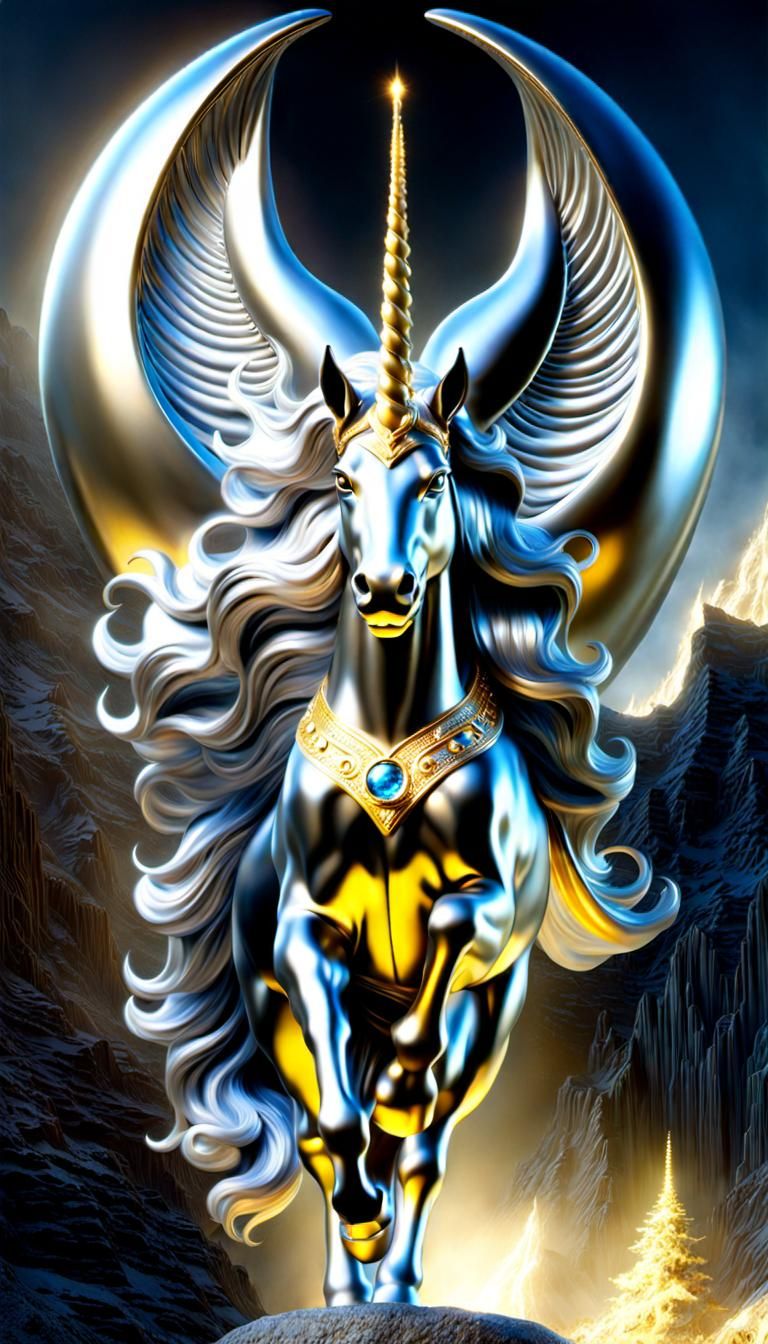 Unicorn Ghost made from precious metals, gold silver titanium and platinum, RTX ON hyperdetailed hyperrealism meticulous...