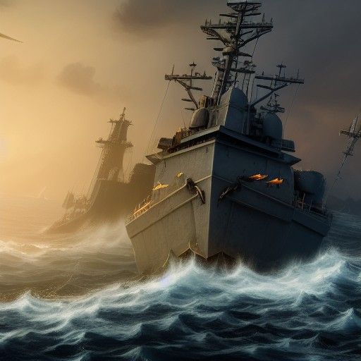 Navy Ship Amidst Rough Seas: Detailed Matte Painting