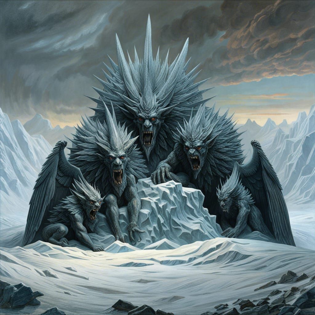 Icy Demon Sculpture in Arctic Landscape