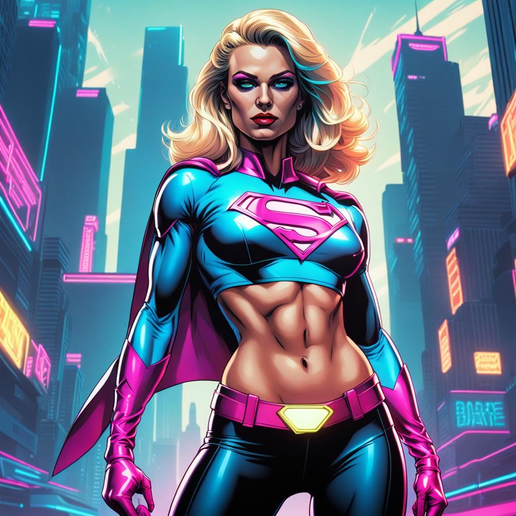 Blonde Superhero in Synthwave Neon Style