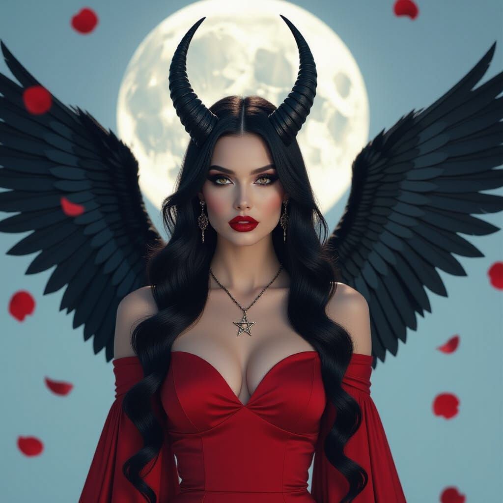 Goddess with Black Wings and Red Dress