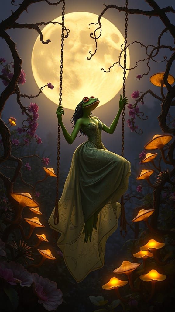 Moonlit Garden Scene with Anthropomorphic Frog Woman in Art ...