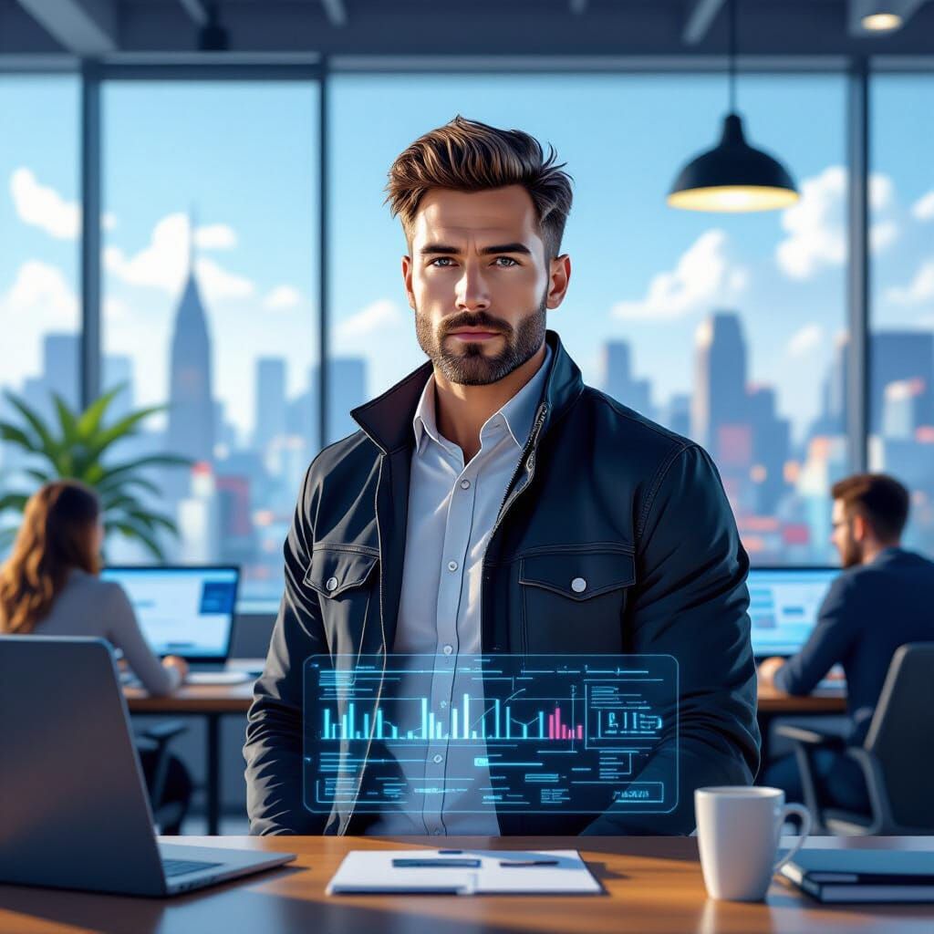 Entrepreneur in Coworking Space, Futuristic Digital Art